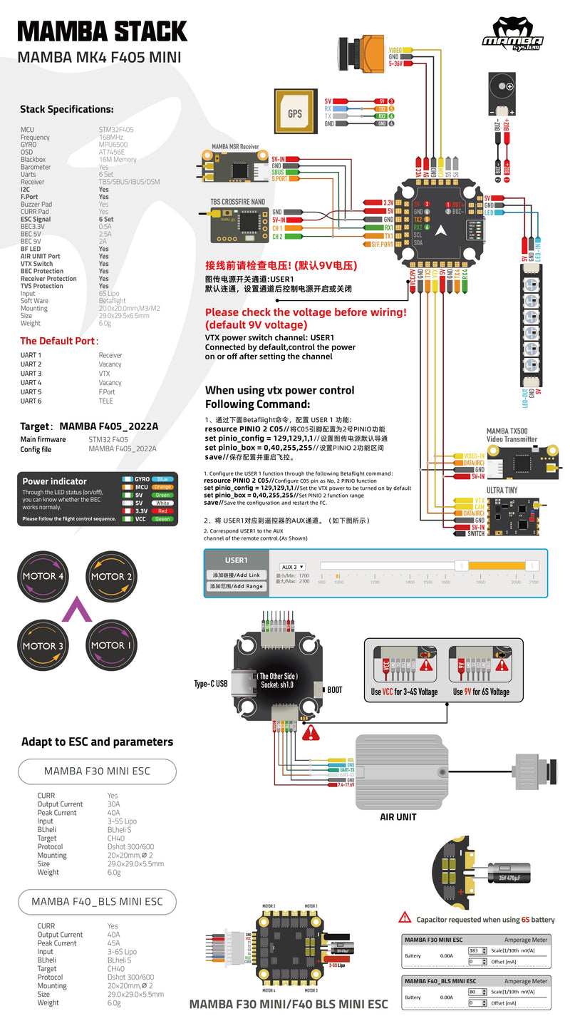 MAMBA MK4 F405MINI 30A/40A MINI 8bit Flight Control Stack 20mm/M2